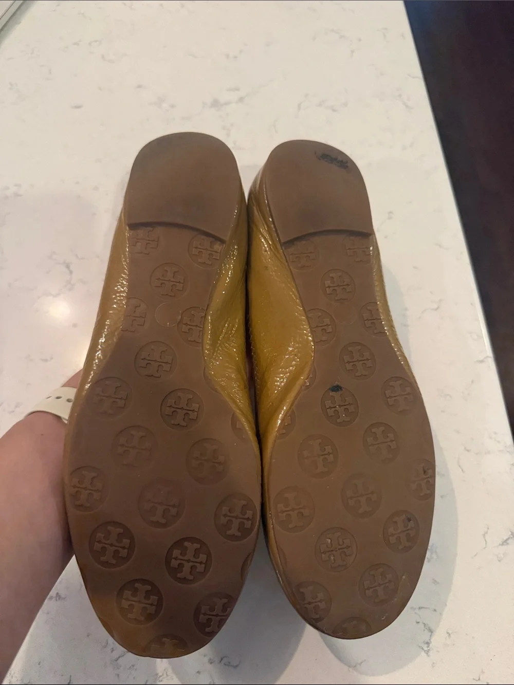 Tory Burch Caramel Patent Leather Logo Ballet Flats